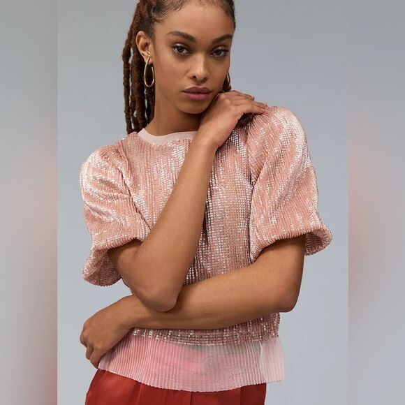 Anthropologie Sarah Hann Sequined Puff Sleeve Top NWT - Picture 4 of 16